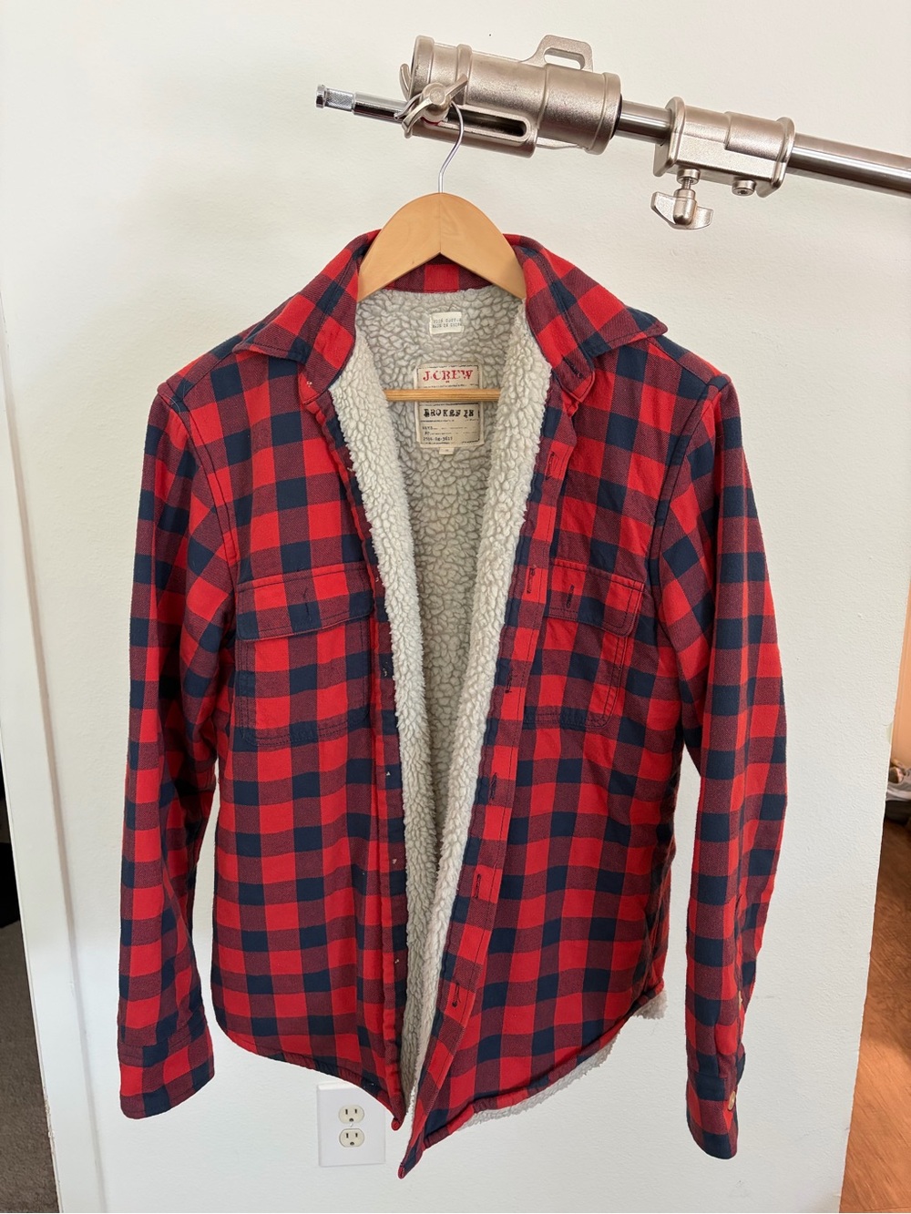 J. Crew Red & Navy Plaid Sherpa-Lined Shirt Jacket